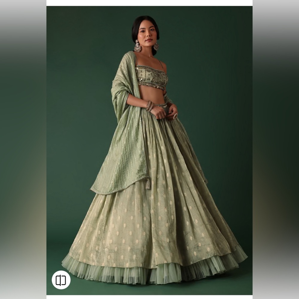 Kalki Pale Olive Green Printed Lehenga And Blouse Set In Banarasi Silk